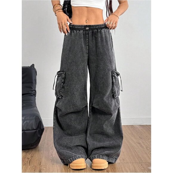 Trendy Women's Y2K Wide Leg Baggy Jeans with Drawstring & Pockets - Size L - Picture 2 of 5